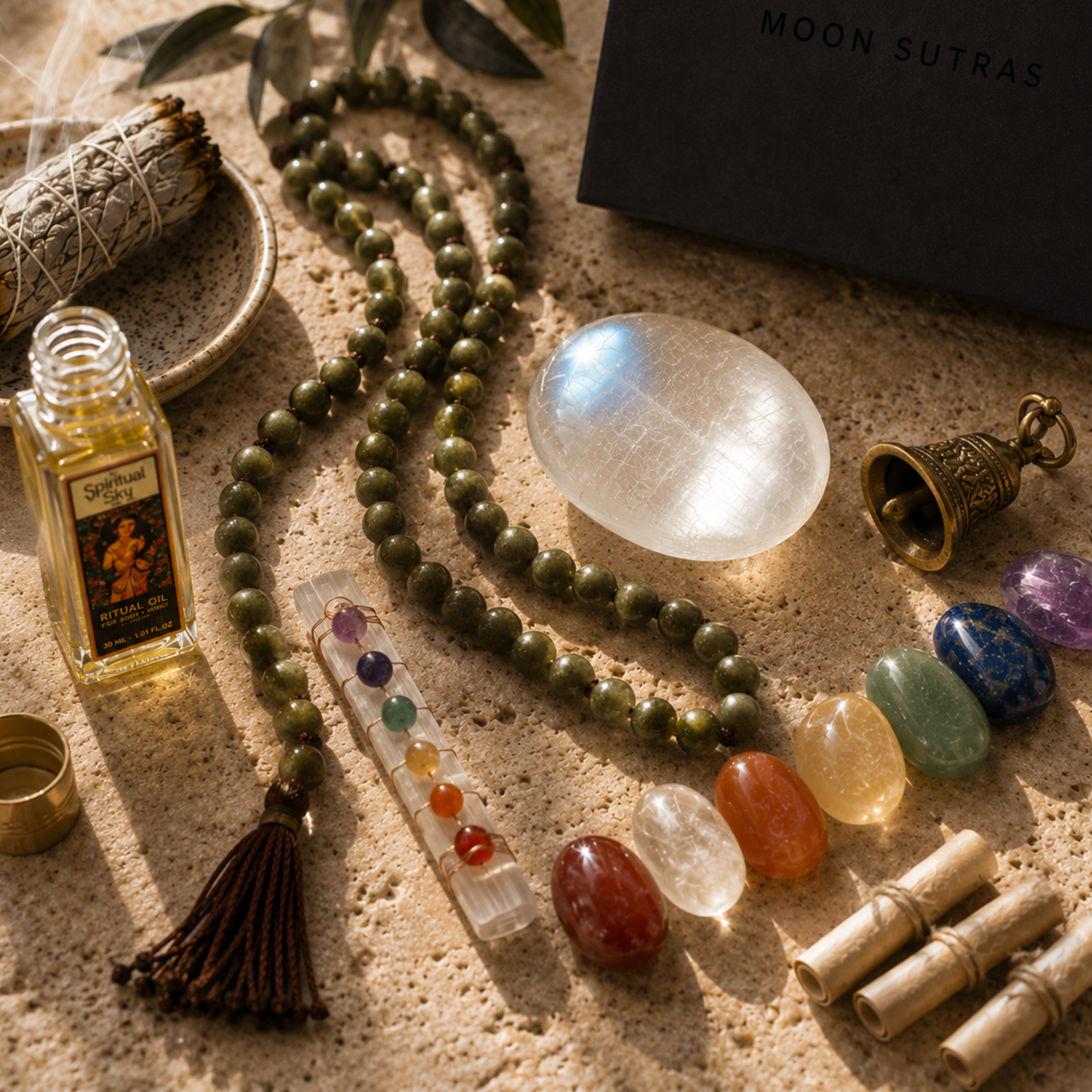 Luxury close-up of Moon Sutras ritual items including green mala beads, moonstone palm stone, brass bell, chakra crystal wand, ritual oil and polished chakra stones on a beige stone surface.