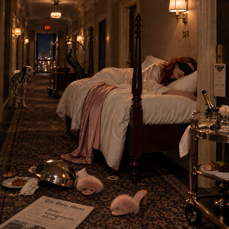 Woman sleeping in a four-poster hotel bed positioned in a dimly lit corridor, with scattered room-service dishes and slippers on the carpet, representing Uttara Phalguni Nakshatra in Vedic astrology.