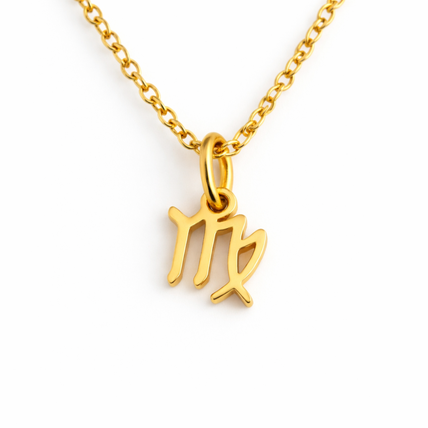 Virgo zodiac necklace gold pendant on gold chain close up by Moon Sutras