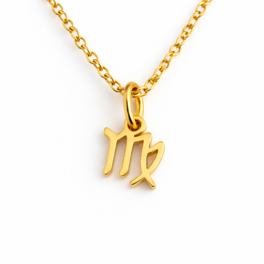 Virgo zodiac necklace gold pendant on gold chain close up by Moon Sutras