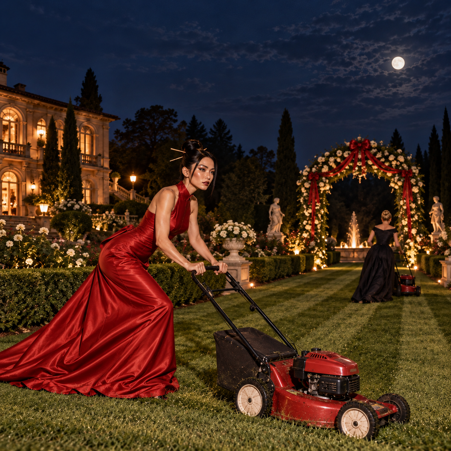 Asian woman in a red satin gown mowing the lawn of a luxurious moonlit mansion garden, with a floral wedding arch, fountain and another woman in a black gown behind her.