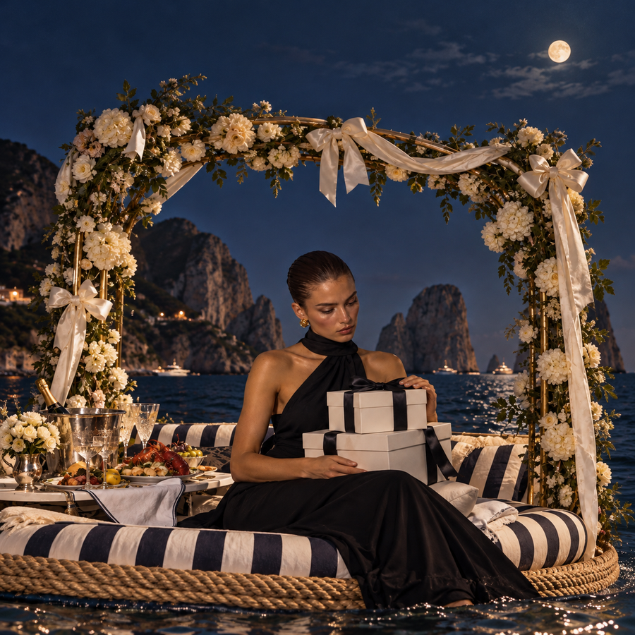 Moon Sutras editorial photograph of a brunette woman in a black evening gown holding ribbon-wrapped gifts beneath a white floral arch on a floating platform off Capri, illuminated by moonlight with the Mediterranean Sea and Faraglioni rocks behind her.