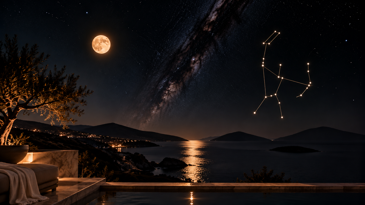 Moonlit coastal terrace and pool with the Ardra star overlay