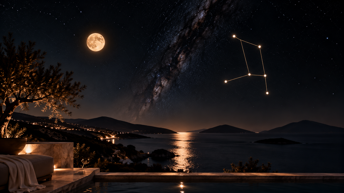 Moonlit coastal terrace and pool with the Hasta star overlay