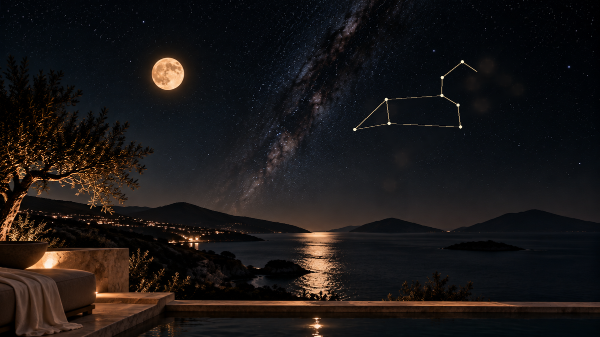 Moonlit coastal terrace and pool with the Magha star overlay
