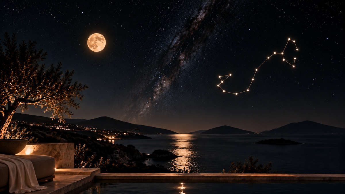 Moonlit coastal terrace and pool with the Mula star overlay