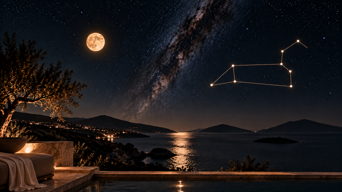 Moonlit coastal terrace and pool with the Purva Phalguni star overlay