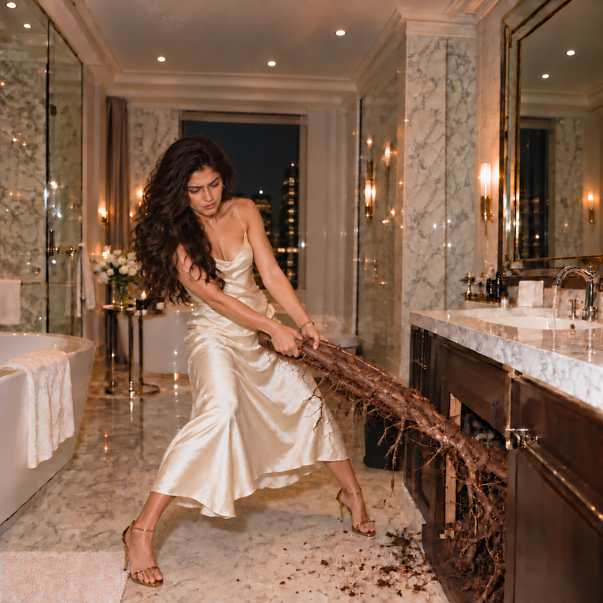 Indian woman in an ivory slip dress pulling a thick tree root from beneath a marble sink in a luxury hotel bathroom.