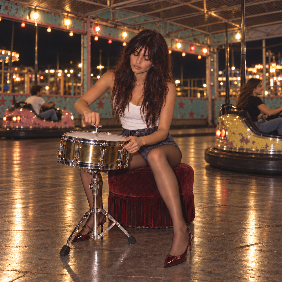 Brunette with a brass snare drum at a nighttime fairground, with bumper-car riders in the background.
