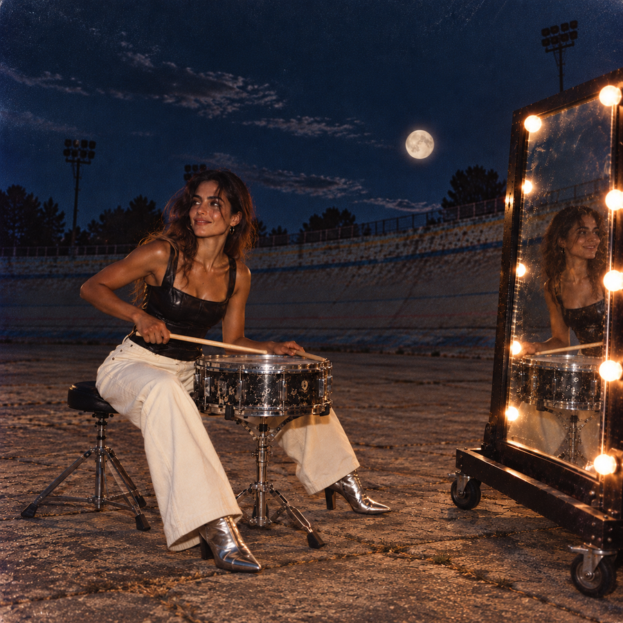 Brunette woman in a black leather top playing a snare drum beside an illuminated mirror in a moonlit stadium, with a grainy 1990s editorial aesthetic.