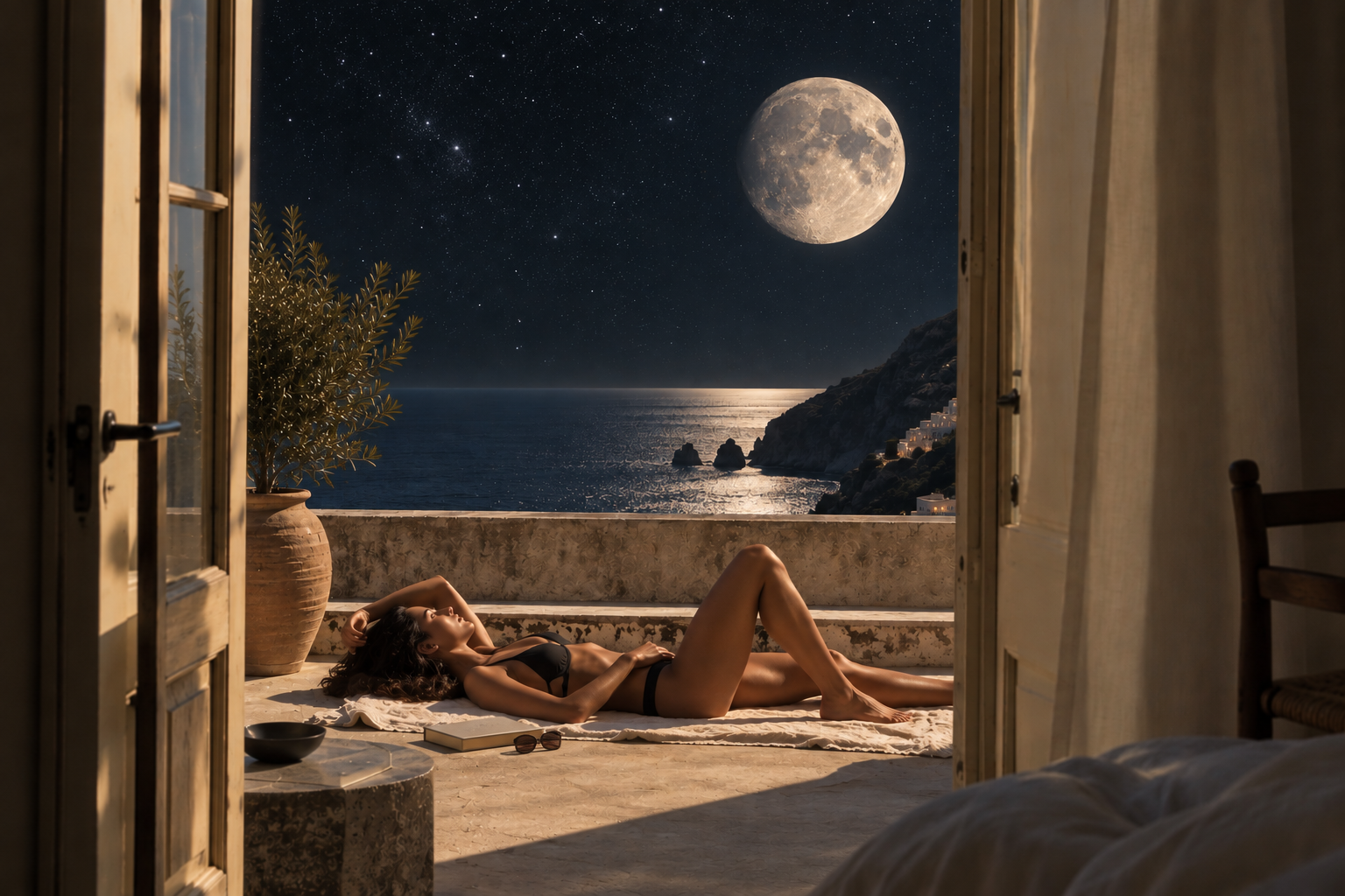 Woman resting beneath a full Moon on a moonlit terrace overlooking the sea