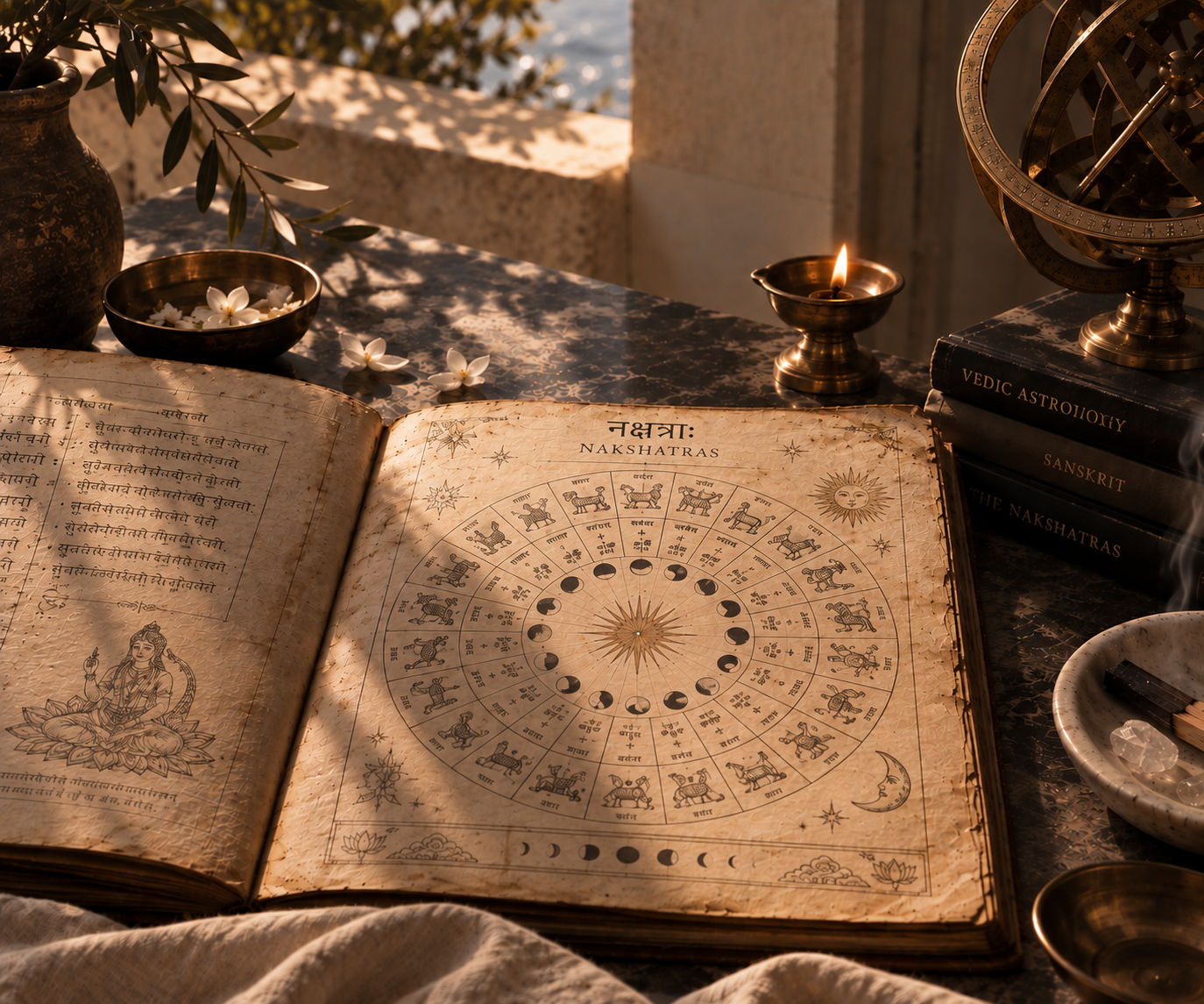 Open Vedic astrology manuscript showing a Nakshatra wheel beside a candle and astrological instruments